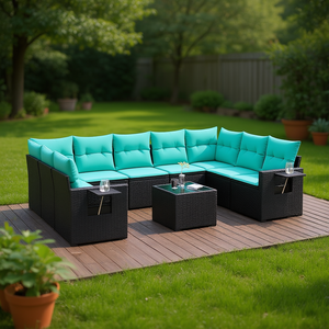 Conjunto de Sofá de Jardín de Ratán Sintético Negro con Cojines, 10 Piezas, Muebles de Exterior de Diseño Contemporáneo - Product Image 2