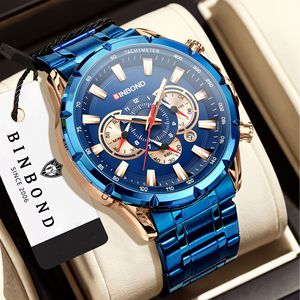 Binbond Men's Chronograph Watch Blue Stainless Steel Band Tachymeter Luminous Water Resistant Analog Quartz Watch - Product Image 1