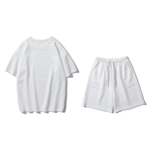 Summer Fashion Trend Men's Casual Solid Color Waffle Short-Sleeved Shorts <b>Set</b> Simple Loose Half Sleeve <b>Knitted</b> Weaving - Product Image 2