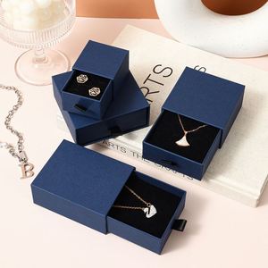 Boîte à bijoux avec étiquette personnalisée boîte à bijoux en papier à tiroir coulissant bleu boîte de présentation avec logo et sac cadeau collier boucle d'oreille - Product Image 3