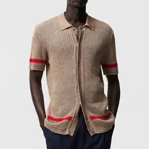 Maglia da uomo in Jacquard personalizzata maglieria Casual con colletto a Polo con bottone a maniche corte Cardigan in lana da uomo