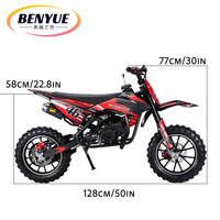 Mini moto cross 49cc à suspension inversée, double échappement, moteur 2 temps refroidi par air, transmission par chaîne, 40 km/h, moto tout-terrain à essence, roues de 10 pouces