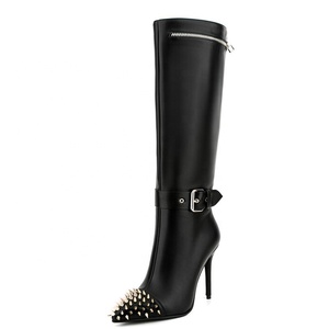New Pointy Toe Metal Rivets High Thin Heel Long Booties Side Zipper Fashion Buckles Solid Knee High <b>Boots</b> for Women - Product Image 3