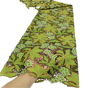 Tissu en dentelle africaine en mousseline brodée respirant vert pour robes de mariée DIY, textiles de maison, sacs, motif laser ajouré en polyester fait main - Product Image 3
