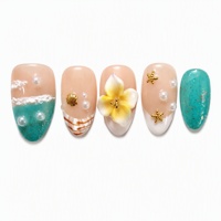 Faux Ongles PMMA Couverture Complète Effet Coquillage, Fleur, Étoile de Mer et Paillettes, Forme Amande, Longueur Moyenne, pour Salon et Fêtes