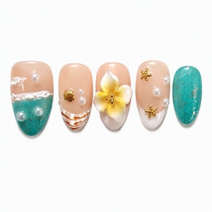 Faux Ongles à Presser Coquillage Perle Fleur Étoile de Mer Paillettes Amande pour Salon, Fête, Plage - Product Image 2