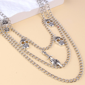 Skull Patterned Waist <b>Chain</b> Zinc Alloy Multiple Layers With Sword Pendant Halloween Fashion Body <b>Chain</b> For Men And Women - Product Image 4