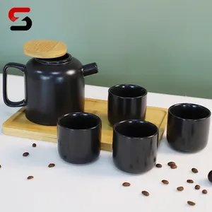 Hervidor de agua de cerámica tradicional para el hogar, Juego de 4 tazas y tetera con bandeja de madera para viaje, color negro Simple
