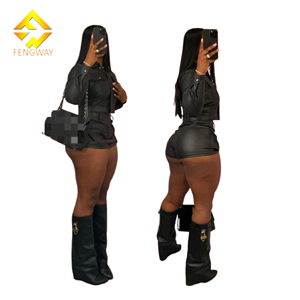 2024 Otoño Invierno nuevo estilo de cuero Sexy motocicleta chica caliente chaqueta delgada con cremallera abrigo Color sólido pantalones cortos de cintura alta para mujeres - Product Image 1