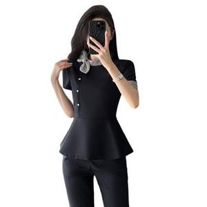 Women's Short Sleeve Suit Set Polyester Satin Elegant Professional Uniform Skirt And Pants For Office Work - Product Image 5