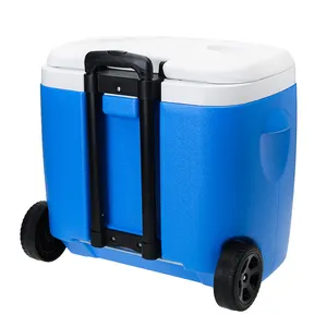Portable Camping Gear Waterproof White Blue Large Capacity 38L Plastic Ice Chest Cooler Box With Wheels And Handle