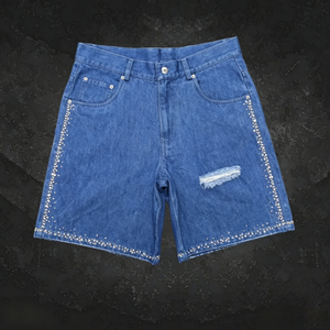 Pantalones Cortos de Mezclilla Holgados Personalizados para Hombre, de Alta Calidad, 100% Algodón, con Pedrería, Estilo Urbano, Desgastados - Product Image 1