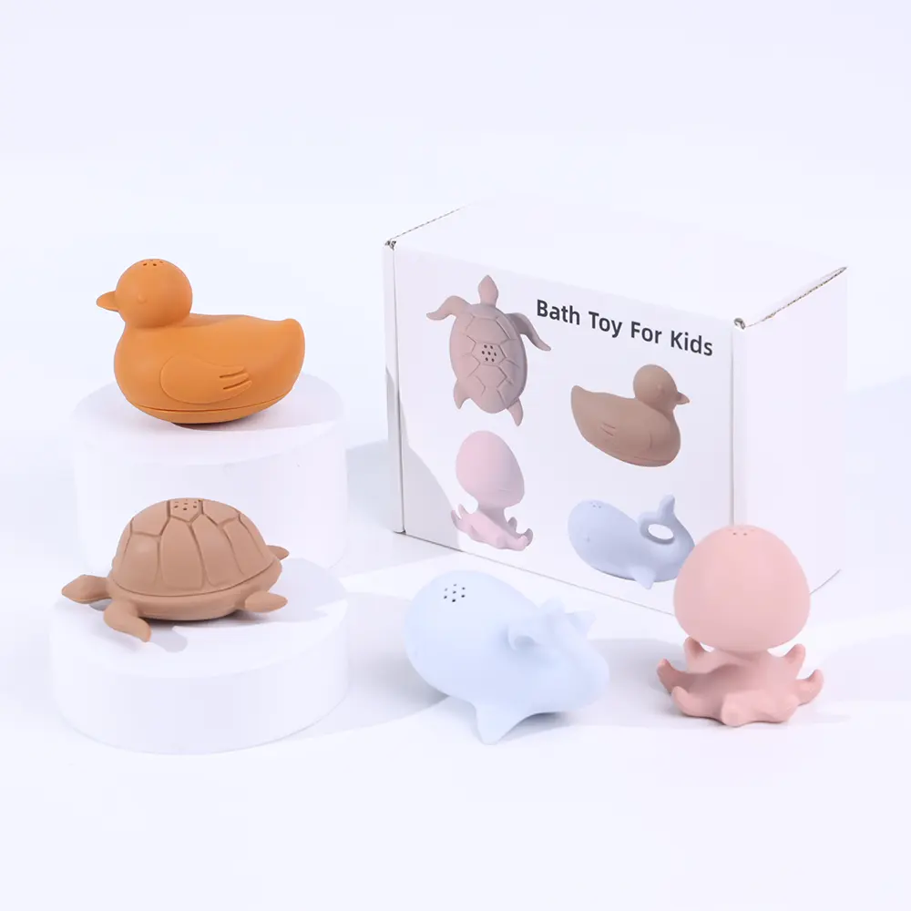 Nuevo personalizado Bpa comida libre Animal pato pulpo tortuga ballena bebé baño juguete agua niños pequeños niños silicona bebé juguetes de baño