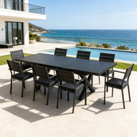 Ensemble de meubles de patio d'extérieur modernes résistants aux intempéries, table extensible en aluminium avec pieds en X et revêtement poudré, et ensemble de chaises de salle à manger