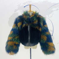 Veste en fourrure de raton laveur teinte arc-en-ciel - Manteau court en fourrure véritable, style élégant et mondain