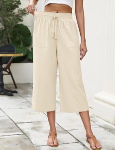 LOMON Pantalon capri ample <span class=keywords><strong>en</strong></span> <span class=keywords><strong>lin</strong></span> pour <span class=keywords><strong>femme</strong></span> avec cordon de serrage et taille élastique, pantalon court décontracté - Product Image 3