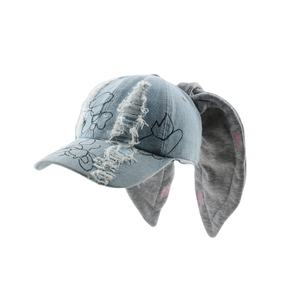 时尚Y2K长兔耳帽可调Kpop套装仿旧撕裂牛仔兔耳棒球帽 - Product Image 4