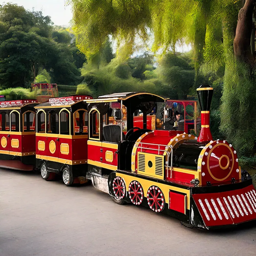 Ucuz fiyatlar cazibe eğlence parkı kullanılan elektrikli tren seti çocuk arabası arka bahçe için çocuklar için izsiz trenler