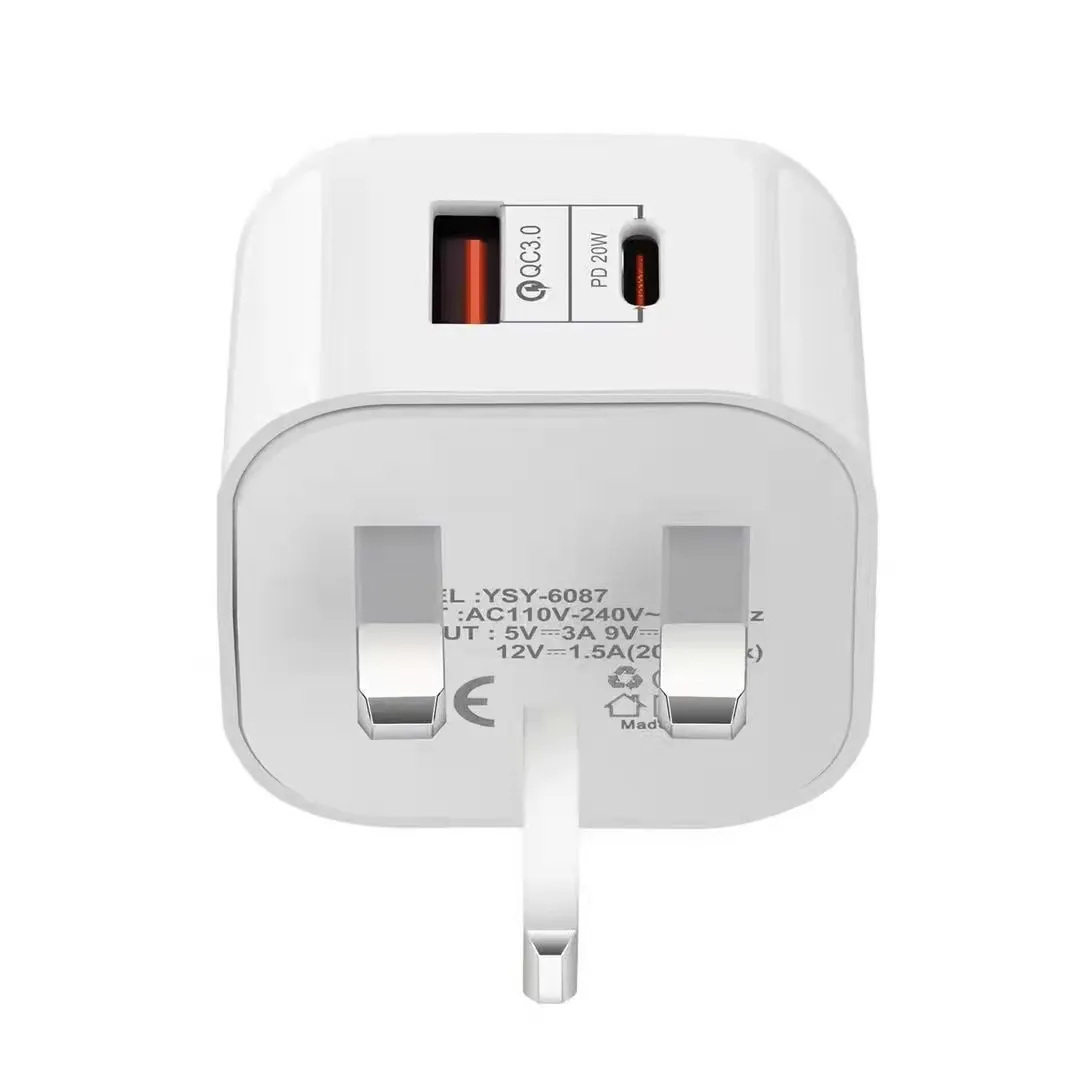 Nieuwe Hot Verkoop Uk 3 Pin QC3.0 + Pd Type C Telefoon Oplader 20W Pd Muur Adapter