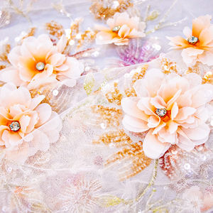 Tessuto di pizzo colorato 3D con perline e paillettes ricamate 3D con fiori per abito da sera - Product Image 6