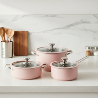 Set Peralatan Masak Stainless Steel Pink Empat Buah Tahan Lama Grosir, Termasuk Panci Susu, Casserole, dan Panci Anti Lengket