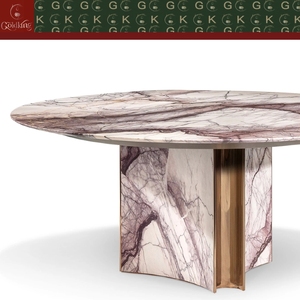 Mesa de Comedor Redonda de Alta Gama GOLDKING para Residencias, Mármol Blanco con Vetas Rosas, Base de Cuatro Pétalos, Incrustaciones Doradas, OEM ODM Directo - Product Image 5
