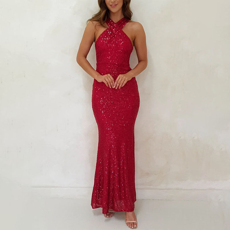 Red Sequin Crisscross Neck Cocktail Dress