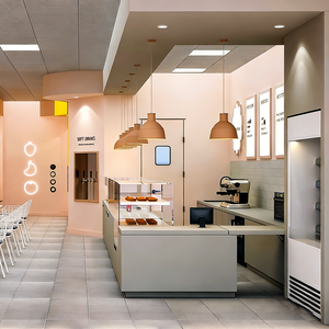 Airy Luxe Bakery & Coffee Market Stall Featuring Glass Display Case, Open Tiered Shelving, and Integrated Warm Lighting - Product Image 5