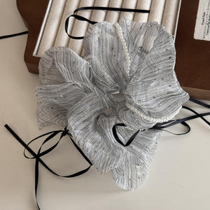 Accesorios para el cabello estilo bailarina perla decorada tela de malla Scrunchies brillo diamantes de imitación lazos para el cabello cinta lazo banda para el cabello - Product Image 4