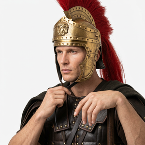 Calvin Handicrafts Greek Roman Helmet Gold Plated Metal Handmade Antique Style with Red Plume for Decor - Product Image 1