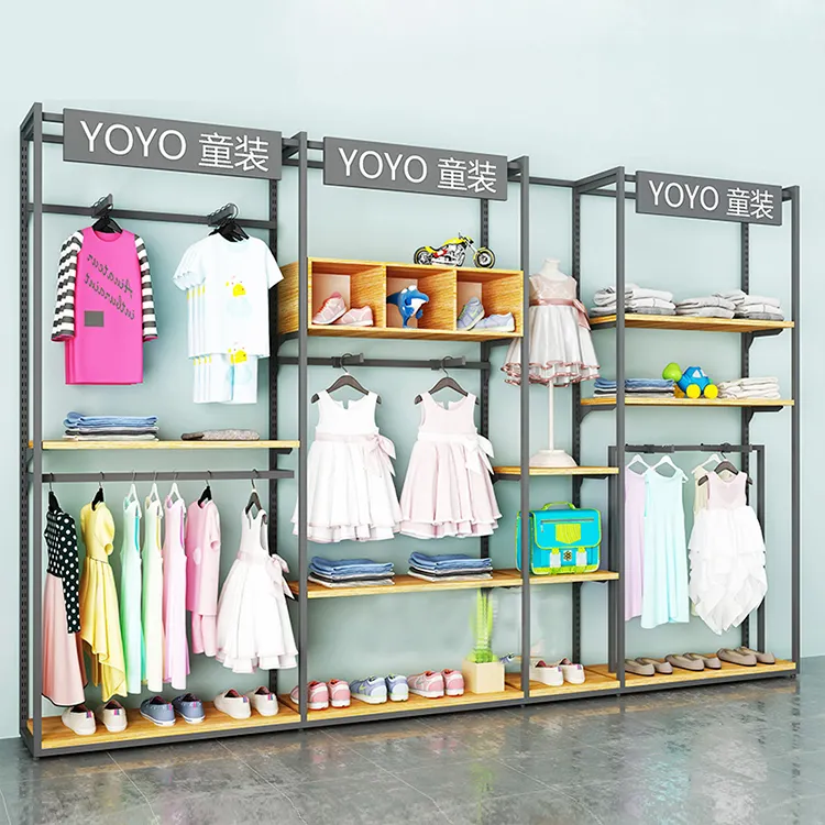 Armazenador de roupas infantil loja prateleiras centro de compras crianças roupas janela exibe design da loja