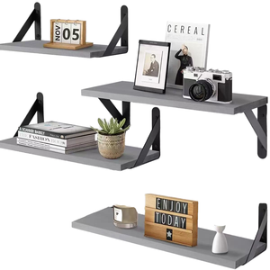 Modern Rustic Grey Wood <b>Floating</b> Wall Shelves Matte Black Metal Bracket Decorative Storage Hanging Display Rack Single <b>Unit</b> - Product Image 1