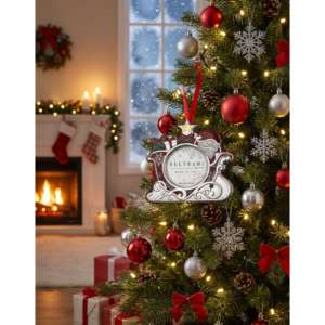 Marco de Fotos Colgante Beltrami 2x2 Plateado, Adorno Navideño con Diseño de Trineo de Santa Claus y Cinta Roja - Product Image 2