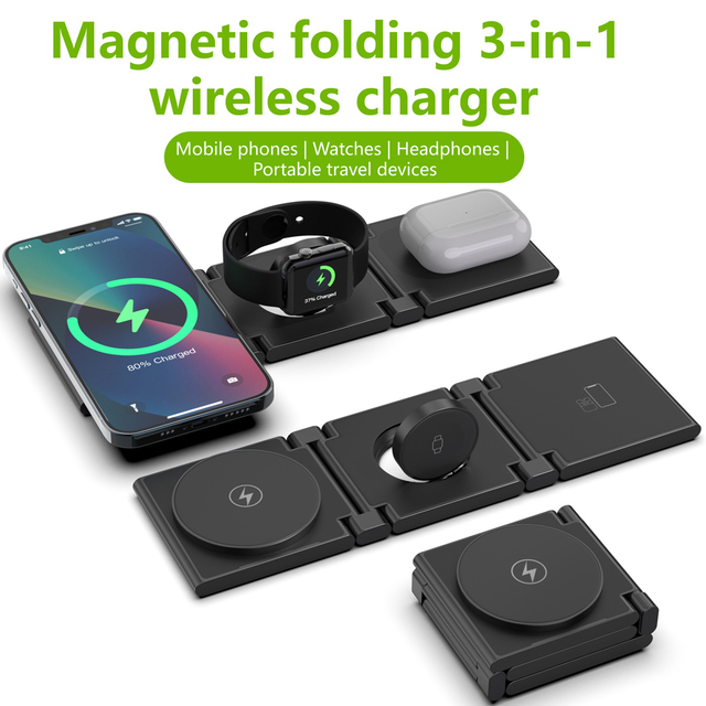 3 in 1 Magnetic Wireless Charger Foldable 15W Fast Charging Pad for iPhone Android Phone Watch AirPods with PU Leather Case