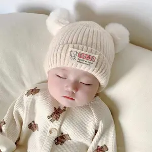 Chapeau d'hiver doux et chaud <span class=keywords><strong>Bonnet</strong></span> tricoté avec <span class=keywords><strong>pompon</strong></span> Chapeaux mignons Nouveau-né Toddler Baby Girl Boy <span class=keywords><strong>Double</strong></span> Hairball Cotton Lovely Hats - Product Image 2