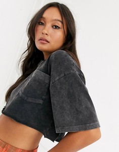 Camiseta Corta KY Negra con Cuello Alto, Hombros Caídos, Detalle de Bolsillo, Corte Recto, Estilo Holgado, Camiseta Corta para Mujer, Sexy, Lavada, con Bolsillo - Product Image 2
