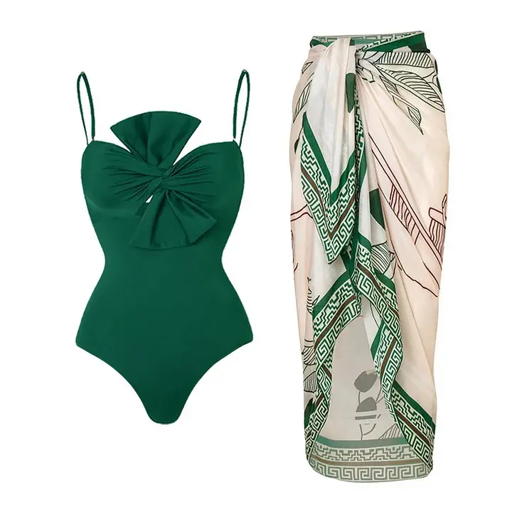 2024 Новый однотонный зеленый Цельный купальник с юбкой бант купальный костюм боди винтажный Комо комплект купальники с высокими штанинами Монокини