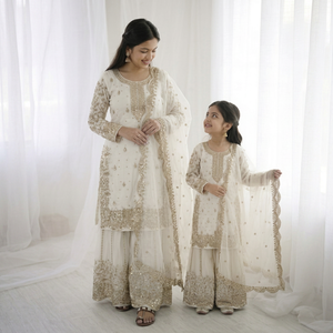 ชุดสัลวาร์ คามีซปักลายสีขาว พร้อมผ้าคลุมไหล่ สำหรับแม่และลูกสาว ชุดสไตล์ปากีสถาน สำหรับงานแต่งงานและงานปาร์ตี้ - Product Image 1