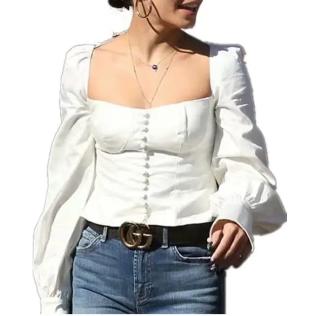 वर्ग कॉलर सामने बटन लंबी आस्तीन स्लिम खिंचाव सफेद डेनिम शर्ट ब्लाउज महिला