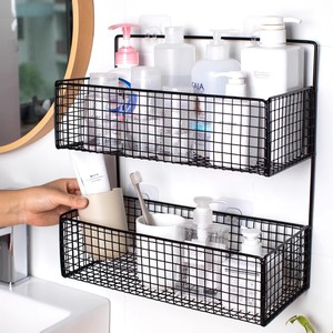 Étagère murale de rangement pour salle de bain Shi Lifan en fer grillagé à 2 niveaux avec crochets, sans perçage, organisateur pour lavabo et meuble sous-vasque - Product Image 1
