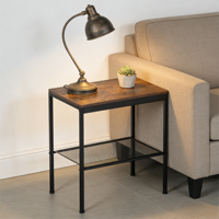 Table d'appoint industrielle à 2 niveaux, table d'appoint rustique en bois brun foncé avec cadre en métal noir et étagère en maille pour salon et chambre à coucher