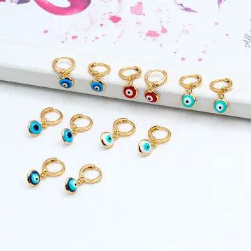 2021 New Arrival Gold Plated Mini Round Evil Eyes Clip on Hoop Earring Circle Turkish Blue Evil Eyes Drop Earring For Women
