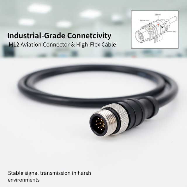 M12 Aviation Connector Cable, High-Flex Industrial Sensor Cable, 4/5/8 Pin, IP67 Waterproof