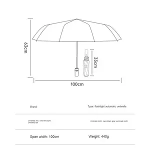 <span class=keywords><strong>Parapluie</strong></span> de voyage moderne entièrement automatique avec lampe LED, pare-soleil, protection solaire inversée, pliable en trois sections - Product Image 2