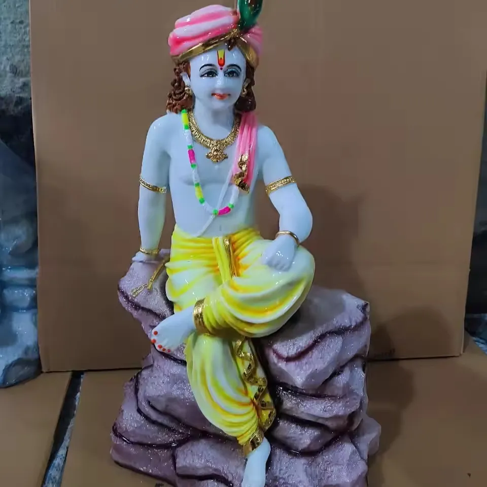 Hoge Kwaliteit Zuiver Wit Marmer Handgeschilderde Kleurrijke Radha Krishna Marmer Handwerk Wit Marmer Krishna Standbeeld Fabricage