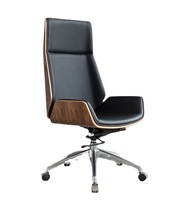 Chaise de bureau de direction pivotante à dossier haut en cuir noir avec coque en bois de noyer Foshan