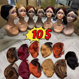 Promotion 10$ Perruques Courtes Droites Pixie 13x4 Lace Frontal 8 Pouces Colorées Prix Usine Vente en Gros 100% Cheveux Humains - Product Image 1