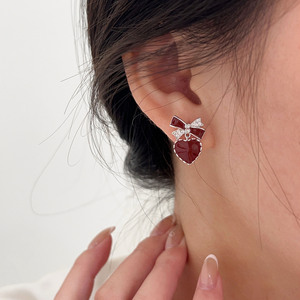 Yinruitai S925 Sterling <b>Silver</b> Heart <b>Stud</b> Earrings With Bow Design For Women Everyday Wear - Product Image 3
