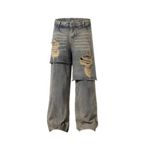 مصنع مخصص 2 في 1 للوزن الثقيل خمر غسل تلاشى تنحنح الخام البالية جودة عالية اشتعل الجينز الجينز الرجال الجينز مكدسة - Product Image 2