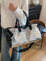 Sac de voyage week-end en sequins argentés avec garniture métallique, bandoulière réglable, compartiment à chaussures, grande capacité, sac à main pour femme